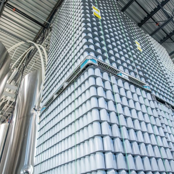 cans and kegs in a beer production setting