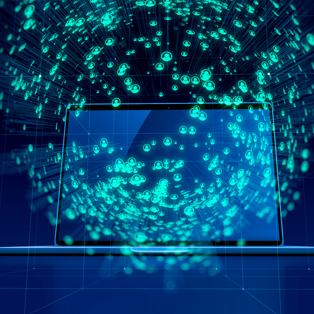 artistic interpretation of social media network coming out of laptop