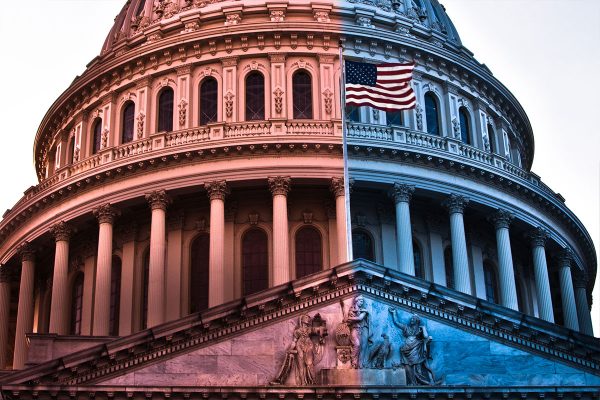 capitol building bisected in red and blue