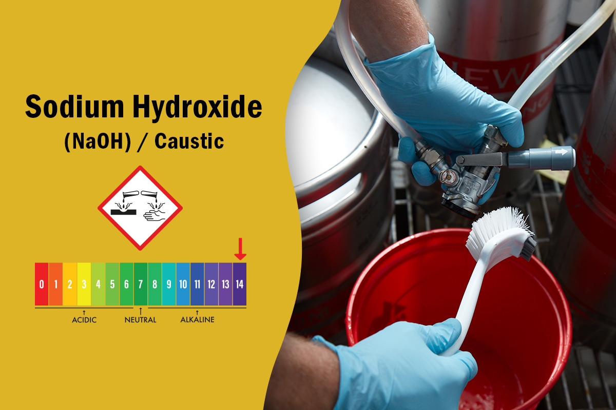 gloved hands cleaning brewing equipment with sodium hydroxide ph scale and caustic symbol