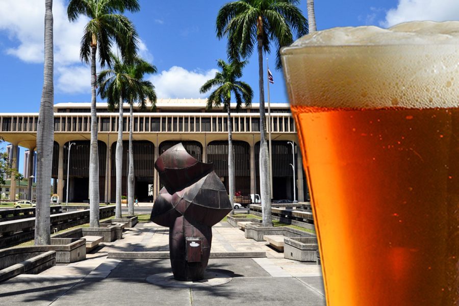 hawaii state capitol building with glass of beer
