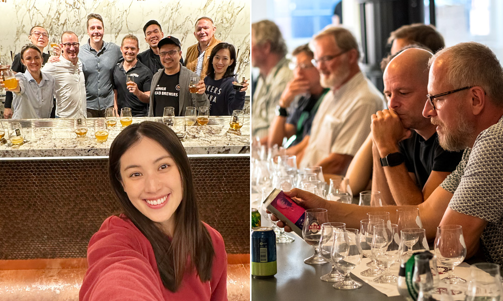 woman posing with patrons at bar, and craft beer enthusiasts sampling beer